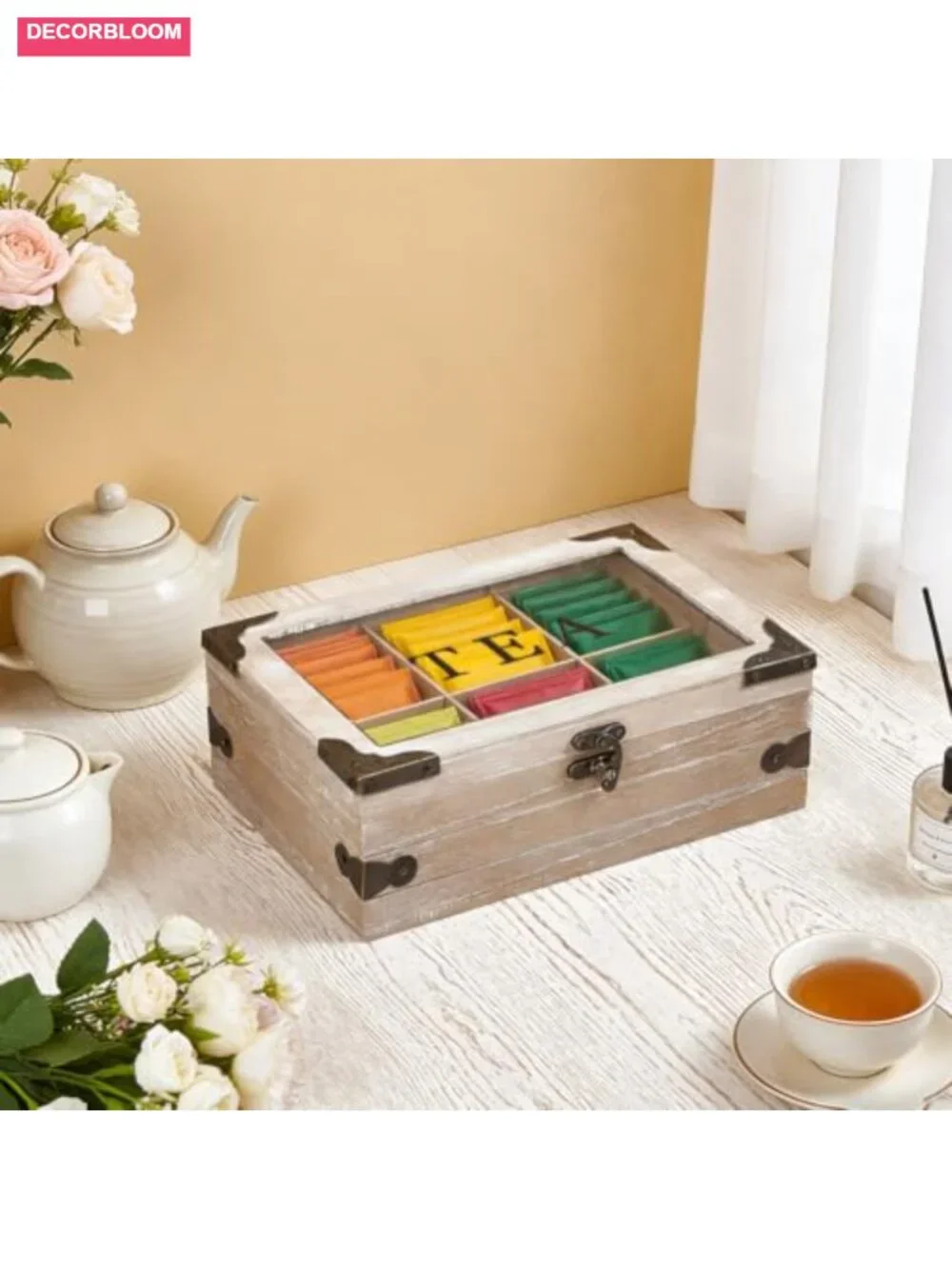 6 Grid Wooden Tea Bag Organizer Box with Clear Windows